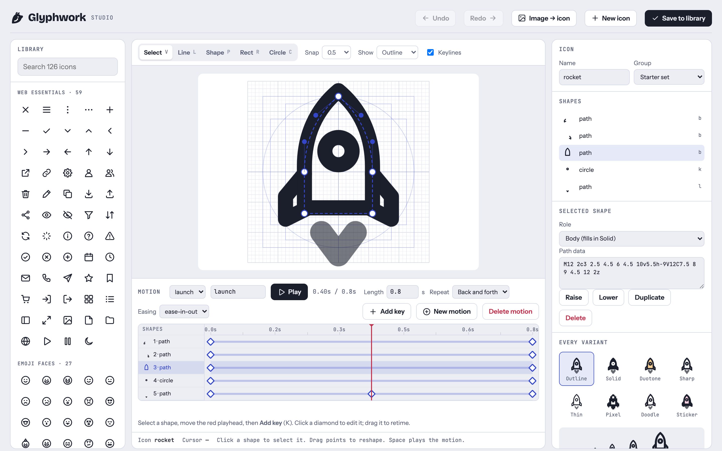 Glyphwork Studio with the rocket icon on the drawing board, the icon library on the left, the shape inspector on the right, and the motion timeline below